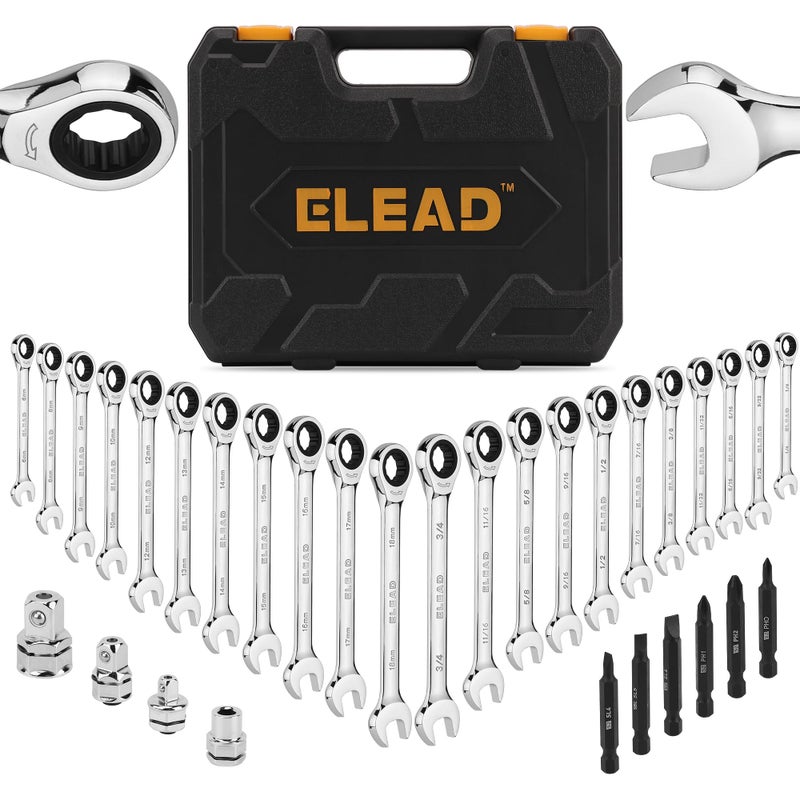 ELEAD مجموعة مفاتيح ربط السقاطة المكونة من 33 قطعة من ELEAD | CR-V ستيل | SAE والأحجام المترية | 72-تصميم تروس الأسنان | حقيبة حمل منظم | مثالية للميكانيكا وDIY - Image 1